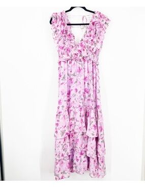 Storia Pink Floral Ruffle Maxi Dress